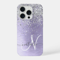 Purple Brushed Metal Silver Glitter Monogram Name