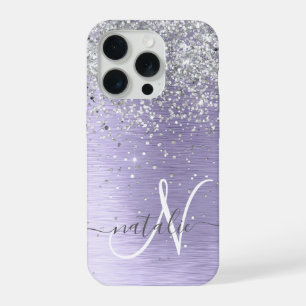 Purple Brushed Metal Silver Glitter Monogram Name iPhone 15 Pro Case