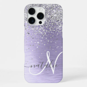 Purple Brushed Metal Silver Glitter Monogram Name iPhone 16 Pro Max Case