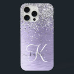 Purple Brushed Metal Silver Glitter Monogram Name iPhone 15 Pro Max Case<br><div class="desc">Easily personalise this trendy chic phone case design featuring pretty silver sparkling glitter on a purple brushed metallic background.</div>