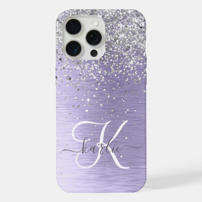 Purple Brushed Metal Silver Glitter Monogram Name iPhone Case (Back)