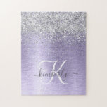 Purple Brushed Metal Silver Glitter Monogram Name Jigsaw Puzzle<br><div class="desc">Easily personalise this trendy chic puzzle design featuring pretty silver sparkling glitter on a purple brushed metallic background.</div>