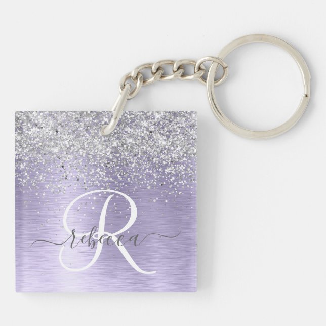 Purple Brushed Metal Silver Glitter Monogram Name Key Ring (Back)