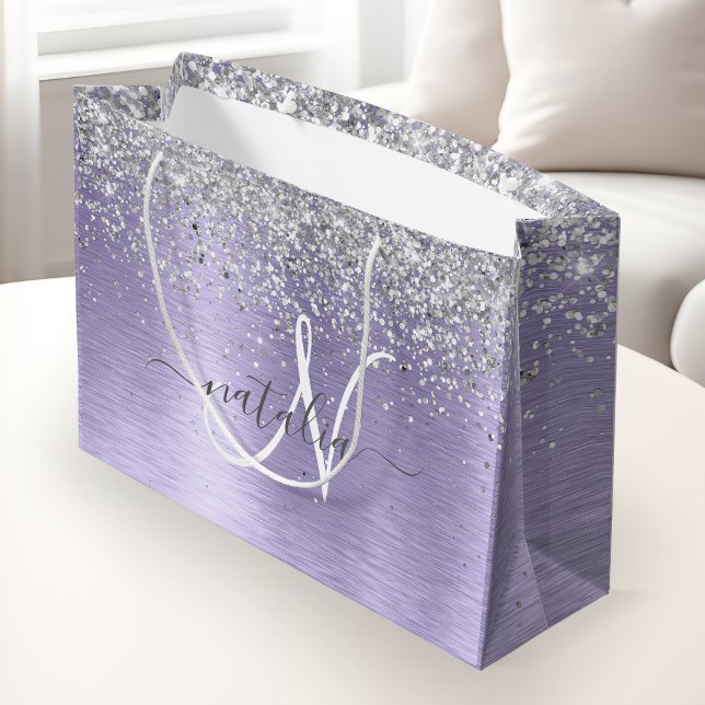 Purple Brushed Metal Silver Glitter Monogram Name Large Gift Bag (Creator Uploaded)