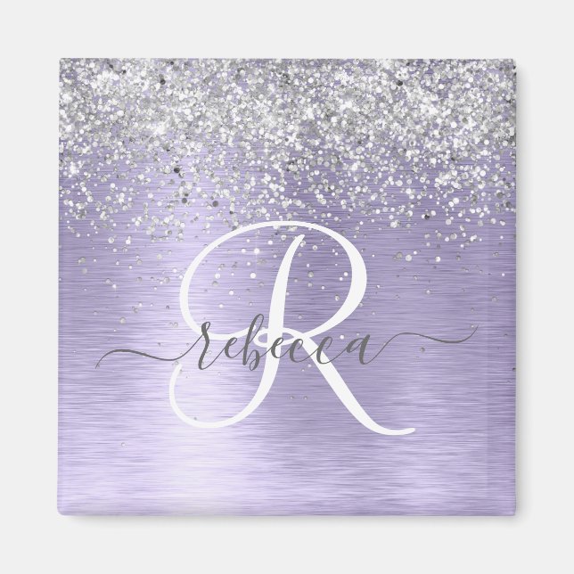 Purple Brushed Metal Silver Glitter Monogram Name Magnet (Front)