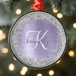 Purple Brushed Metal Silver Glitter Monogram Name Metal Tree Decoration<br><div class="desc">Easily personalize this trendy chic snowflake framed Christmas ornament design featuring pretty silver sparkling glitter on a purple brushed metallic background.</div>