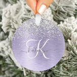 Purple Brushed Metal Silver Glitter Monogram Name Ornament<br><div class="desc">Easily personalise this trendy chic ornament design featuring pretty silver sparkling glitter on a purple brushed metallic background.</div>