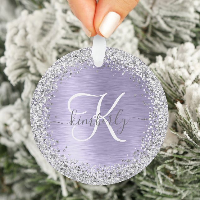 Purple Brushed Metal Silver Glitter Monogram Name Ornament (Creator Uploaded)