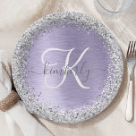 Purple Brushed Metal Silver Glitter Monogram Name Paper Plate<br><div class="desc">Easily personalise this trendy chic paper plate design featuring pretty silver sparkling glitter on a purple brushed metallic background.</div>