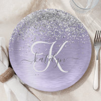 Purple Brushed Metal Silver Glitter Monogram Name