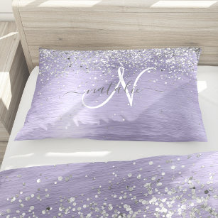 Purple Brushed Metal Silver Glitter Monogram Name Pillowcase