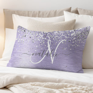 Purple Brushed Metal Silver Glitter Monogram Name Pillowcase