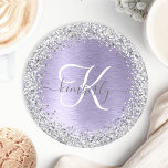 Purple Brushed Metal Silver Glitter Monogram Name Round Paper Coaster<br><div class="desc">Easily personalise this trendy chic coaster design featuring pretty silver sparkling glitter on a purple brushed metallic background.</div>