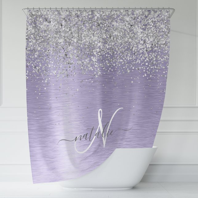 Purple Brushed Metal Silver Glitter Monogram Name Shower Curtain (Creator Uploaded)