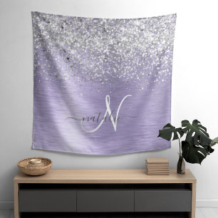 Purple Brushed Metal Silver Glitter Monogram Name Tapestry