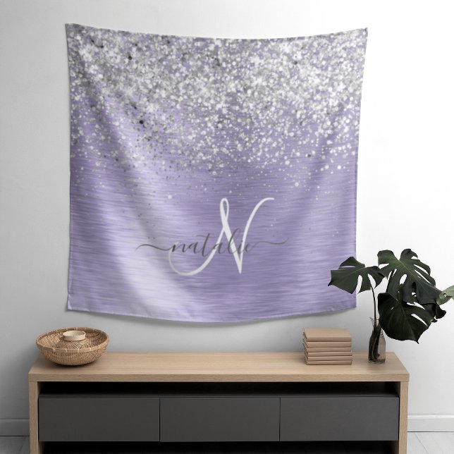 Purple Brushed Metal Silver Glitter Monogram Name Tapestry (Creator Uploaded)