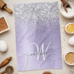 Purple Brushed Metal Silver Glitter Monogram Name Tea Towel<br><div class="desc">Easily personalise this trendy chic kitchen towel design featuring pretty silver sparkling glitter on a purple brushed metallic background.</div>