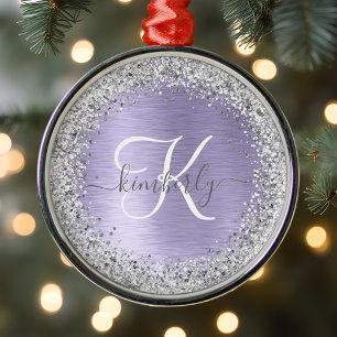 Purple Brushed Metal Silver Glitter Monogram Name Tree Decoration