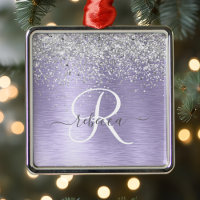 Purple Brushed Metal Silver Glitter Monogram Name