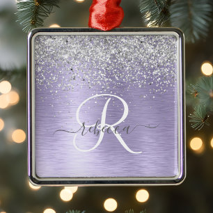  Purple Brushed Metal Silver Glitter Monogram Name Tree Decoration