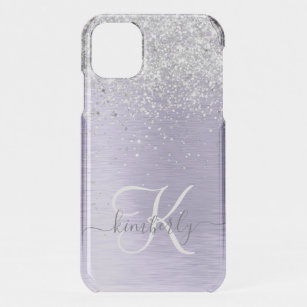 Purple Brushed Metal Silver Glitter Monogram Name iPhone 11 Case