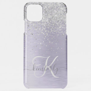Purple Brushed Metal Silver Glitter Monogram Name iPhone 11 Pro Max Case