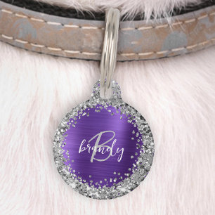 Purple Brushed Metal Silver Glitter Monogram  Pet Tag