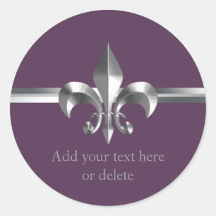 Purple Brushed Metal Style Silver Fleur de Lis Classic Round Sticker