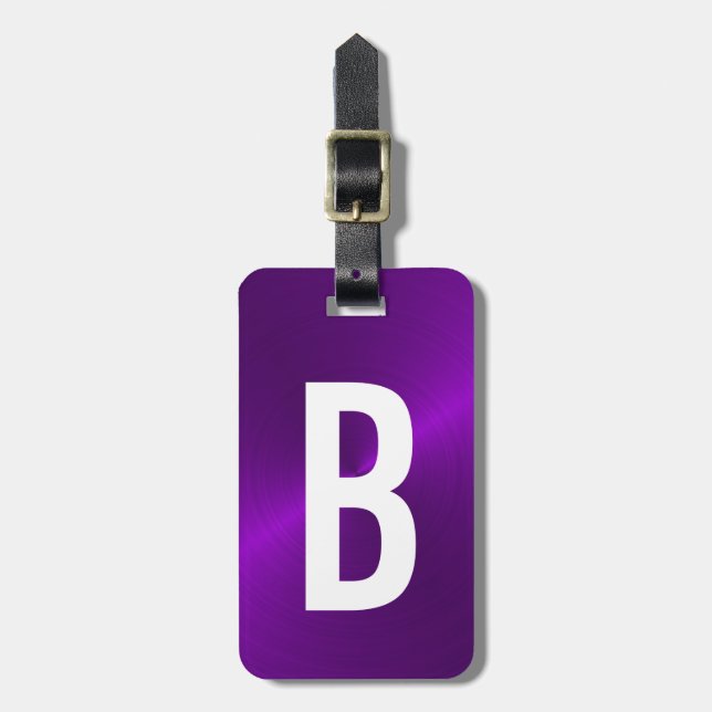 Purple Brushed Metallic Monogram Initial Luggage Tag (Front Vertical)