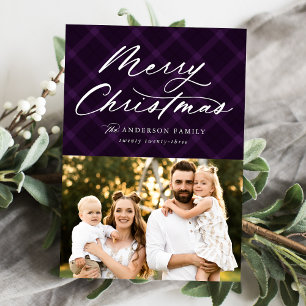 Purple Brushed Plaid Merry Christmas 3 Photo Holiday Card