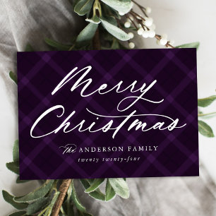 Purple Brushed Plaid Merry Christmas Non-Photo Holiday Card