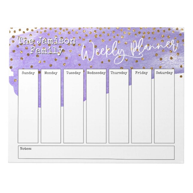 Purple Brushstroke Gold Confetti Weekly Planner Notepad (Front)