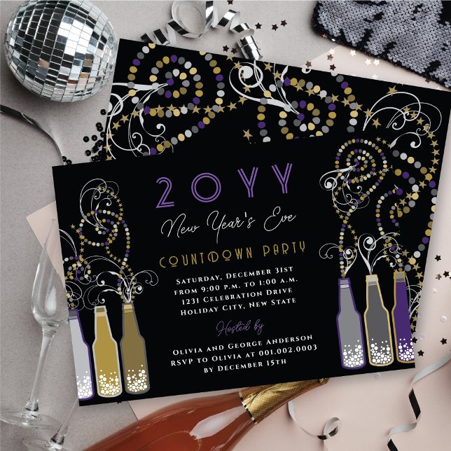 Purple Bubbly Bottles Swirls New Year's Eve Party Invitation (Purple Bubbly Bottles Swirls New Year's Eve Party Invitation @ fat_fa_tin)
