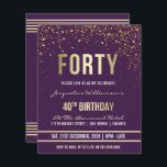 Purple | Budget Gold Confetti 40th Birthday Party<br><div class="desc">Purple | Budget Gold Confetti 40th Birthday Party Invitations. This formal, elegant, trendy, modern fortieth birthday party invitation is suitable for men or women. It comprises golden clean lines, stylish upper case gothic script, and sophisticated faux gold foil text on a royal purple background with showers of sparkling, shimmering gold...</div>