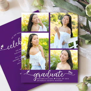 Purple Budget Graduation 4 Photo Script Invitation