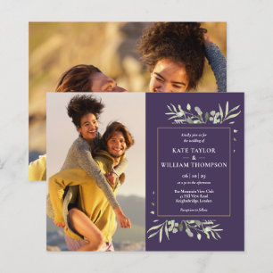 Purple Budget Greenery Photo Wedding Invitation