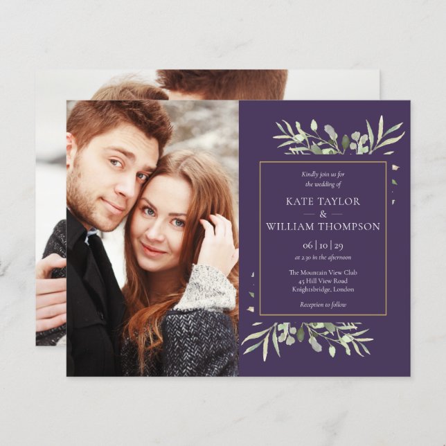 Purple Budget Greenery Photo Wedding Invitation (Front/Back)