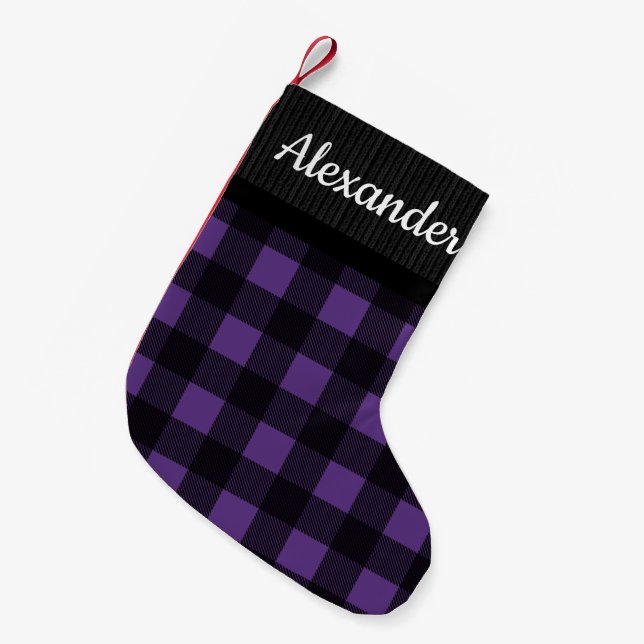 Purple Buffalo Check Sweater Pattern Country Name Small Christmas Stocking (Front (Hanging))