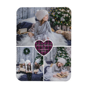 Purple Buffalo Plaid Heart Photo Merry Christmas Magnet