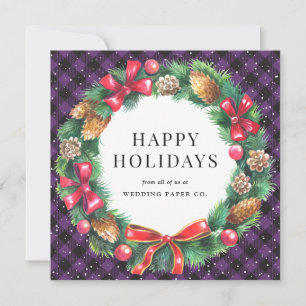 Purple Buffalo Plaid Holly Berries Wreath Business Holiday Card