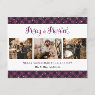 Purple Buffalo Plaid Married and Merry Newlyweds Holiday Postcard