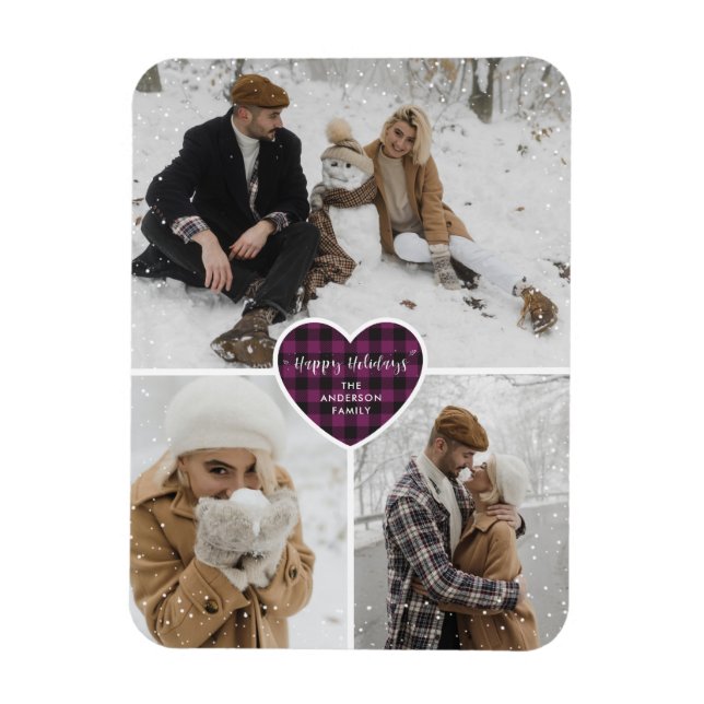 Purple Buffalo Plaid Snow Photo Holiday Magnet (Vertical)