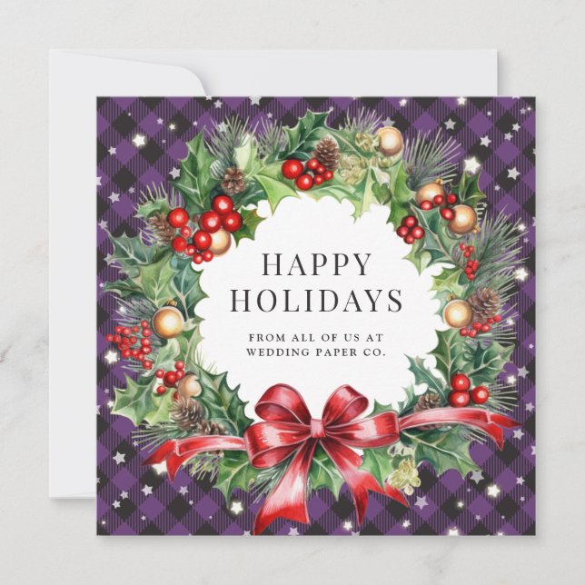 Purple Buffalo Plaid Stars Berries Holly Business Holiday Card (Front)