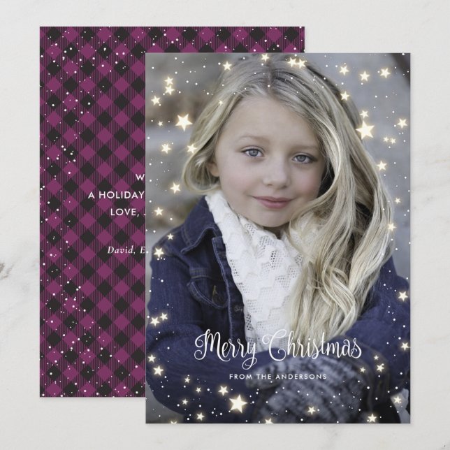 Purple Buffalo Plaid Stars Photo Christmas Cards (Front/Back)