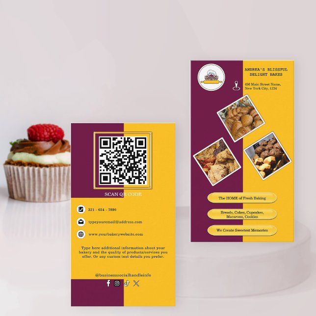 Purple Burgundy and Yellow Bakery QR Code Branding Business Card (Creator Uploaded)