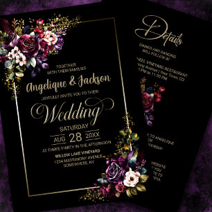 Purple Burgundy Black Floral All In One Wedding Invitation