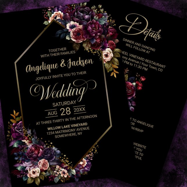 Purple Burgundy Black Floral All In One Wedding Invitation (Creator Uploaded)
