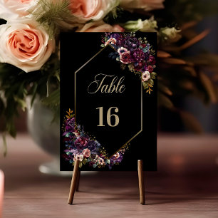 Purple Burgundy Black Floral Geometric Wedding Table Number
