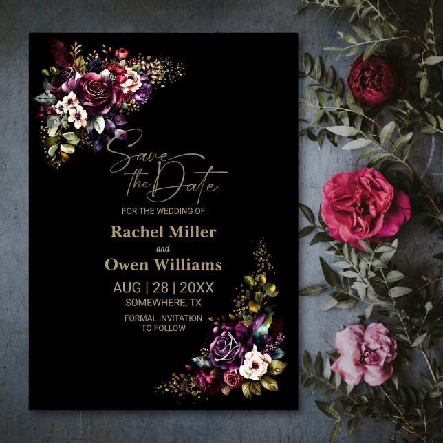 Purple Burgundy Black Floral Wedding Save the Date (Creator Uploaded)