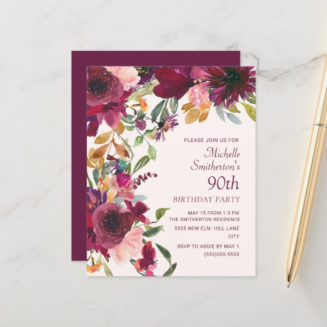 Purple Burgundy Floral 90th Birthday BUDGET (Front/Back In Situ)